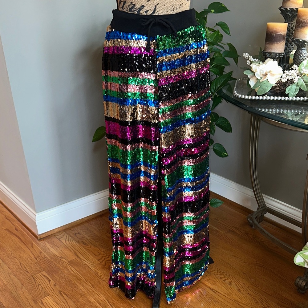 Jaded London Dolls Kill Multicolor Sequin Wide Leg Pants size Small NWOT